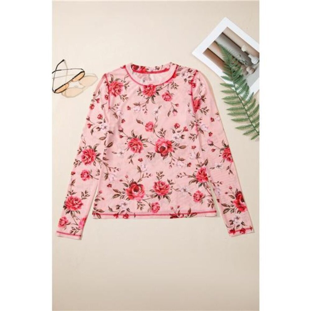 Floral Print Exposed Seam Detail Mesh Long Sleeve Top - Picture 2 of 7